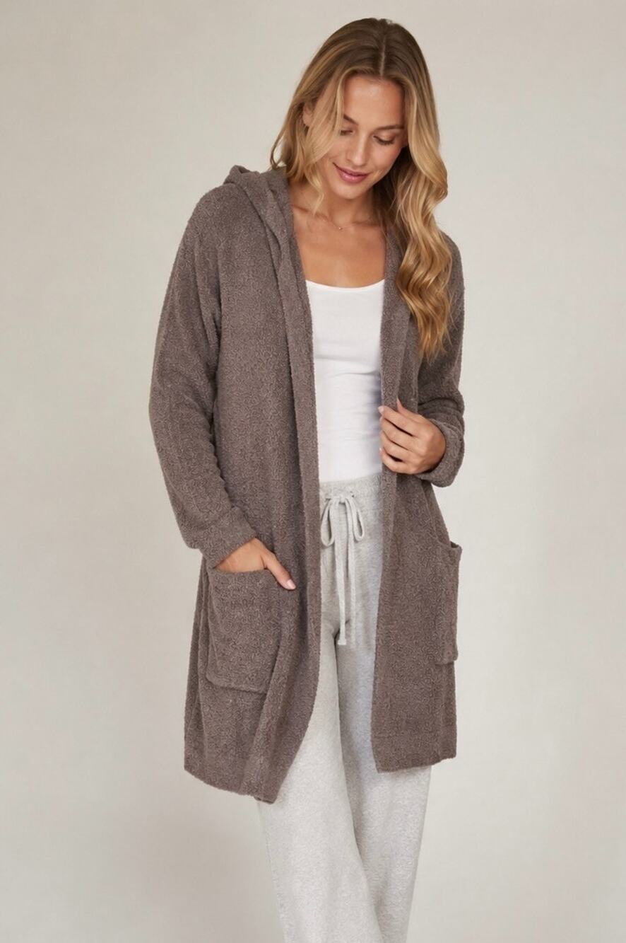 Barefoot Dreams CozyChic Lite Hooded Open Front Cardigan Brown Medium